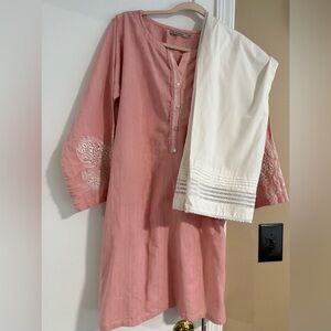 Pink Embroidered Kurta with White trouser